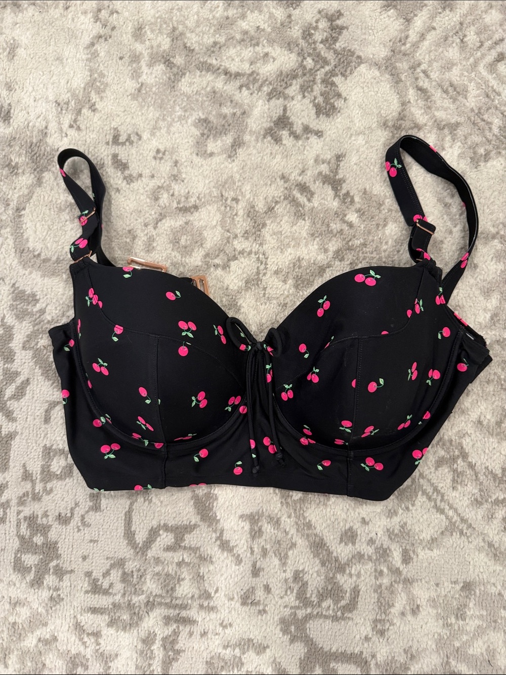 smart & sexy Black Bathing Suit Top with Pink Cherry Print Longline Style